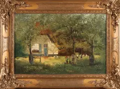 J. Casari, Boerderij met boomgaard en kippen, Olieverf op linnen