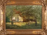 J. Casari, Boerderij met boomgaard en kippen, Olieverf op linnen