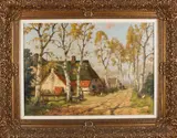 Martinus Nefkens, Boerderij bij berkenboom met boerin en kippen, Olieverf op linnen