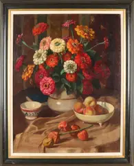 Anton Funke Küpper, Stilleven met fruit, bloemen, vaas., Olieverf op linnen