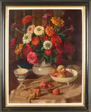 Anton Funke Küpper, Stilleven met fruit, bloemen, vaas., Olieverf op linnen