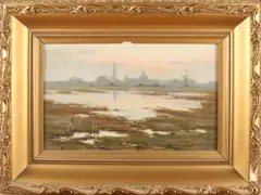 L. Paret, Uiterwaard met stadsgezicht, 1913, Olieverf op paneel