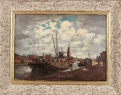 Dirk van Haaren, Zeilboten met figuren in Stadskanaal, Olieverf op paneel
