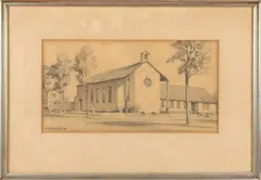 H.E. Roodenburg, Gezicht op kerk, Tekening op papier