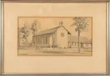 H.E. Roodenburg, Gezicht op kerk, Tekening op papier