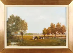 Wim Riem, Twents landschap met koeien en boerderij., Olieverf op linnen