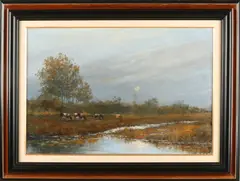 Wim Riem, Twents landschap bij avond met koeien., Olieverf op linnen