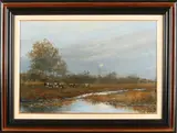 Wim Riem, Twents landschap bij avond met koeien., Olieverf op linnen