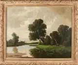 'Duits rivierlandschap'. by Onduidelijk gesigneerd, Olieverf op linnen, sold Jan 2018