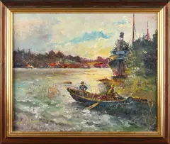 Bert Osterlund, Expressionistisch landschap met boten, Olieverf op linnen