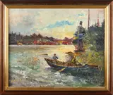 Bert Osterlund, Expressionistisch landschap met boten, Olieverf op linnen