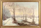 2x Onduid. gesign., 'Stadsgezicht' + 'Wintergezicht'., Olieverf op linnen