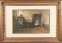 Johannes Weiland, Handwerkende vrouw, Aquarel op papier