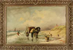 S. Martens, Strandgezicht met schelpenvisser, Olieverf op linnen