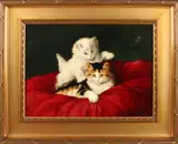 Twee spelende poezen by Onduidelijk gesigneerd, Olieverf op paneel, sold Jan 2018