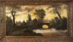 Mils ca, Hollands riviergezicht, 1940, olieverf op linnen, Hollands riviergezicht met windmolen 100x50cm