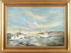 H. Kollich, Vissersboten bij de kust, Olieverf op linnen