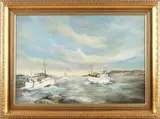 H. Kollich, Vissersboten bij de kust, Olieverf op linnen