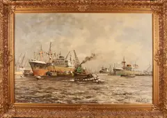 S. Schaeffer, Rotterdams' havengezicht, Olieverf op linnen