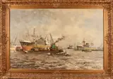 S. Schaeffer, Rotterdams' havengezicht, Olieverf op linnen