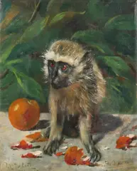 F.A. Oostveen, Aapje met fruit, Olieverf op linnen