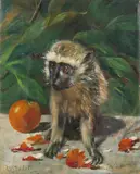 F.A. Oostveen, Aapje met fruit, Olieverf op linnen