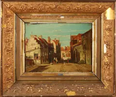 J. Wevers, 'Hollands stadsgezicht'., Olieverf op paneel
