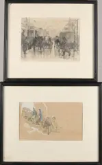 2x Fritz Meisel, Stadsgezicht + Figuren op tribune, 1927, Tekening
