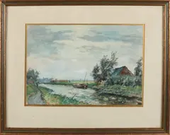 Jan van der Stap, Poldervaart met boerderij, Aquarel op papier