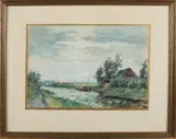 Jan van der Stap, Poldervaart met boerderij, Aquarel op papier