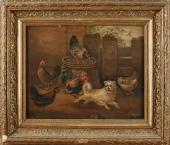 'Pluimvee met hond in schuur'. by G.J. Wissink, Olieverf op paneel, sold Jan 2018