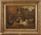 G.J. Wissink, 'Pluimvee met hond in schuur'., Olieverf op paneel