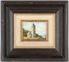 L. de Pont, Kerk op berg, Olieverf op paneel