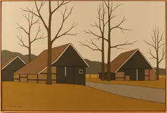 Klaas Bernink, 'Oude schuren in Weerselo', Acryl op linnen