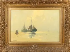 Henk Dekker, 'Botters op strand'., Prachtig werk! Olieverf op linnen