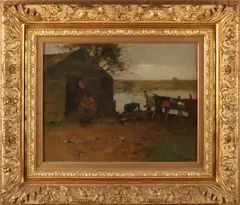 Jacob Ritsema, 'Landschap met huisje aan water'., Olieverf op linnen