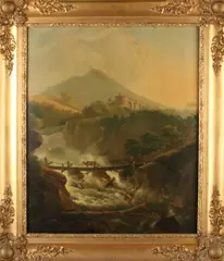 Johan Hendrik Boshamer, 'Italiaans landschap met ruïne en figuren over rivierbrug'., Olieverf op paneel