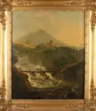 Johan Hendrik Boshamer, 'Italiaans landschap met ruïne en figuren over rivierbrug'., Olieverf op paneel