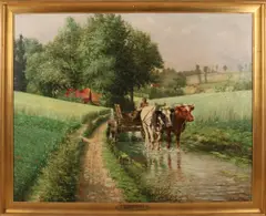 Adolphe Jacobs, 'Landschap met ossenspan'., Olieverf op linnen