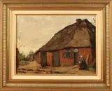 Wetering de Rooy, 'Drentse boerderij met strokap'., Olieverf op linnen