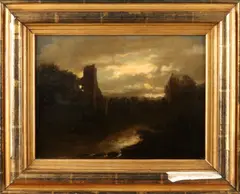 'Ruïne bij avondlicht'. by Gesigneerd rechtsonder, Olieverf op paneel, sold Oct 2017