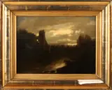Gesigneerd rechtsonder, 'Ruïne bij avondlicht'., Olieverf op paneel