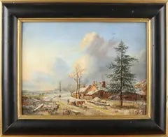 Onduidelijk monogram, 'Wintergezicht met figuren'., Olieverf op paneel