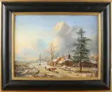 Onduidelijk monogram, 'Wintergezicht met figuren'., Olieverf op paneel