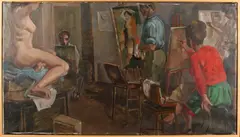Jan Schoenaker, 'Atelier met kunstschilders en naaktmodel'., Olieverf op linnen