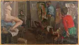 Jan Schoenaker, 'Atelier met kunstschilders en naaktmodel'., Olieverf op linnen