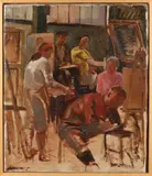 Jan Schoenaker, 'Atelier met kunstschilders'., Olieverf op linnen