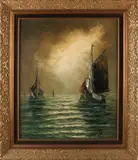 Onduidelijk gesigneerd, 'Zeilboten op zee'., Olieverf op linnen