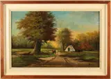 Onduidelijk monogram, 'Hollands landschap met figuren'., Olieverf op paneel