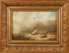 J. Vos, 'Storm aan de kust'., Olieverf op paneel